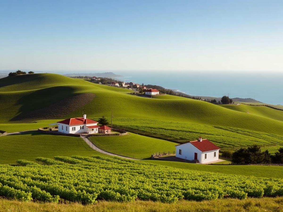 Campos verdes e casas tradicionais na zona da Lourinhã, com o mar ao fundo