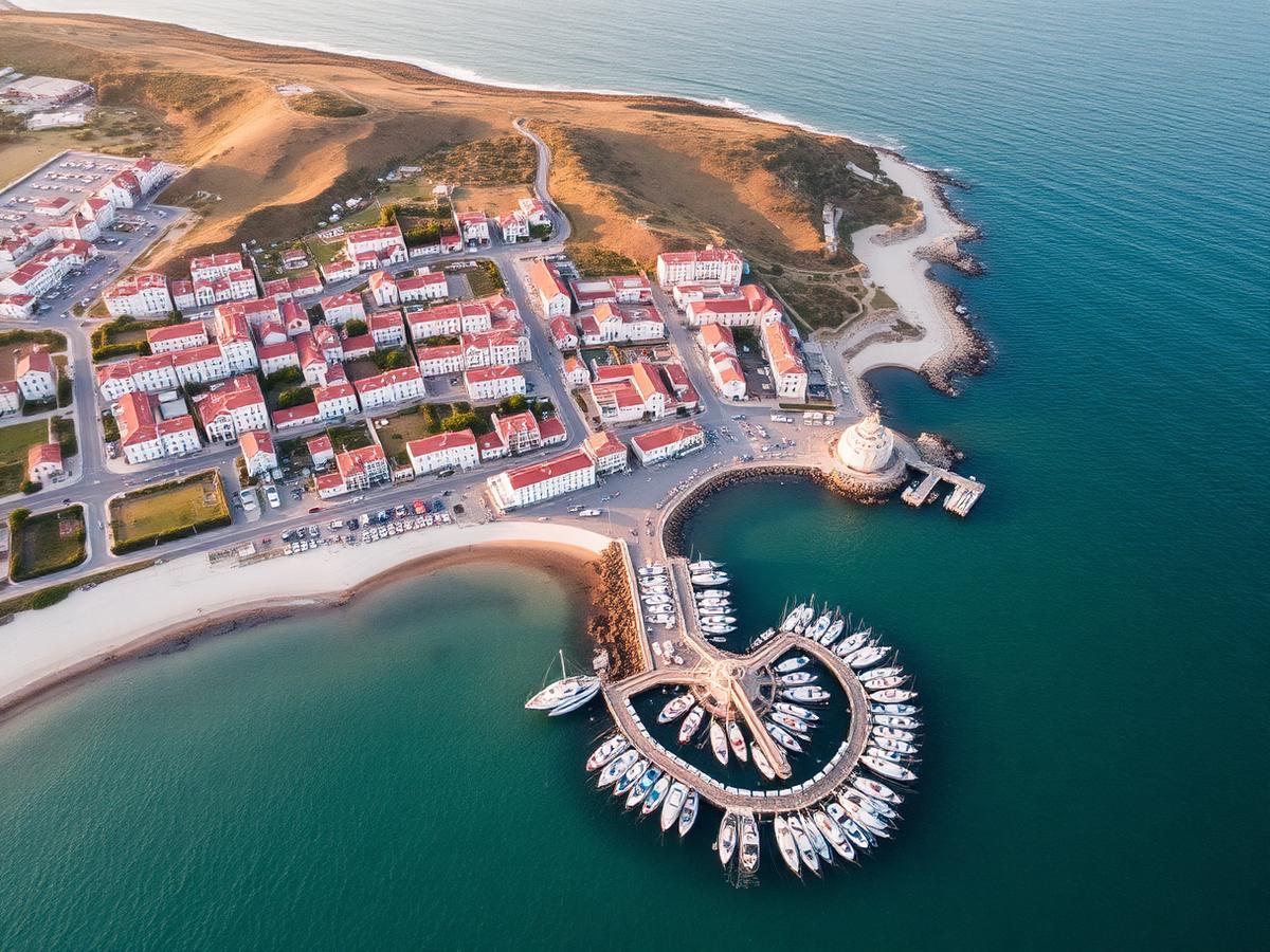 Vista aérea da península de Peniche, com porto e casas brancas